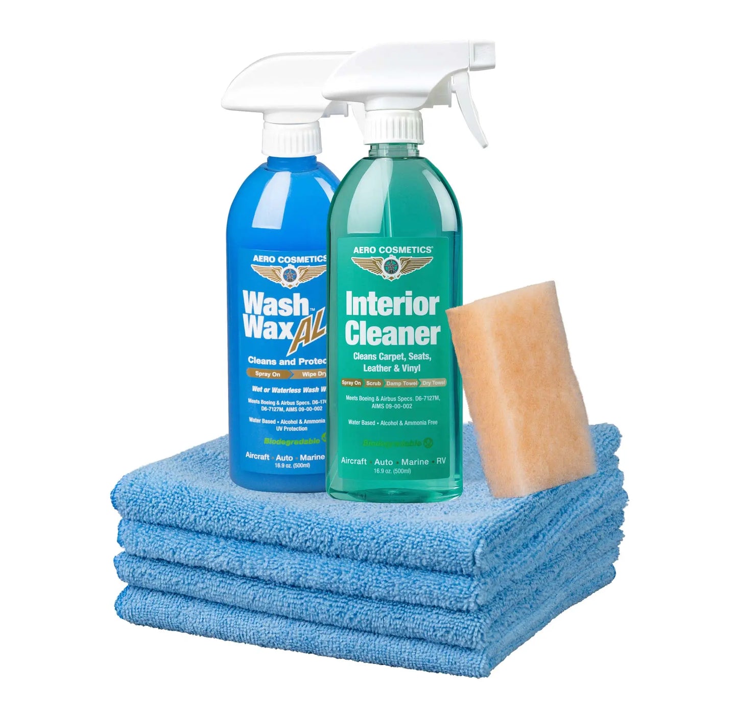 Interior Cleaner Kit - 16 Fl. oz Interior Cleaner, 16 Fl. oz Wash Wax ALL, Aero Microfiber Towels (4-Pack) & Mini Aero Scrubber Pad Wash Wax ALL