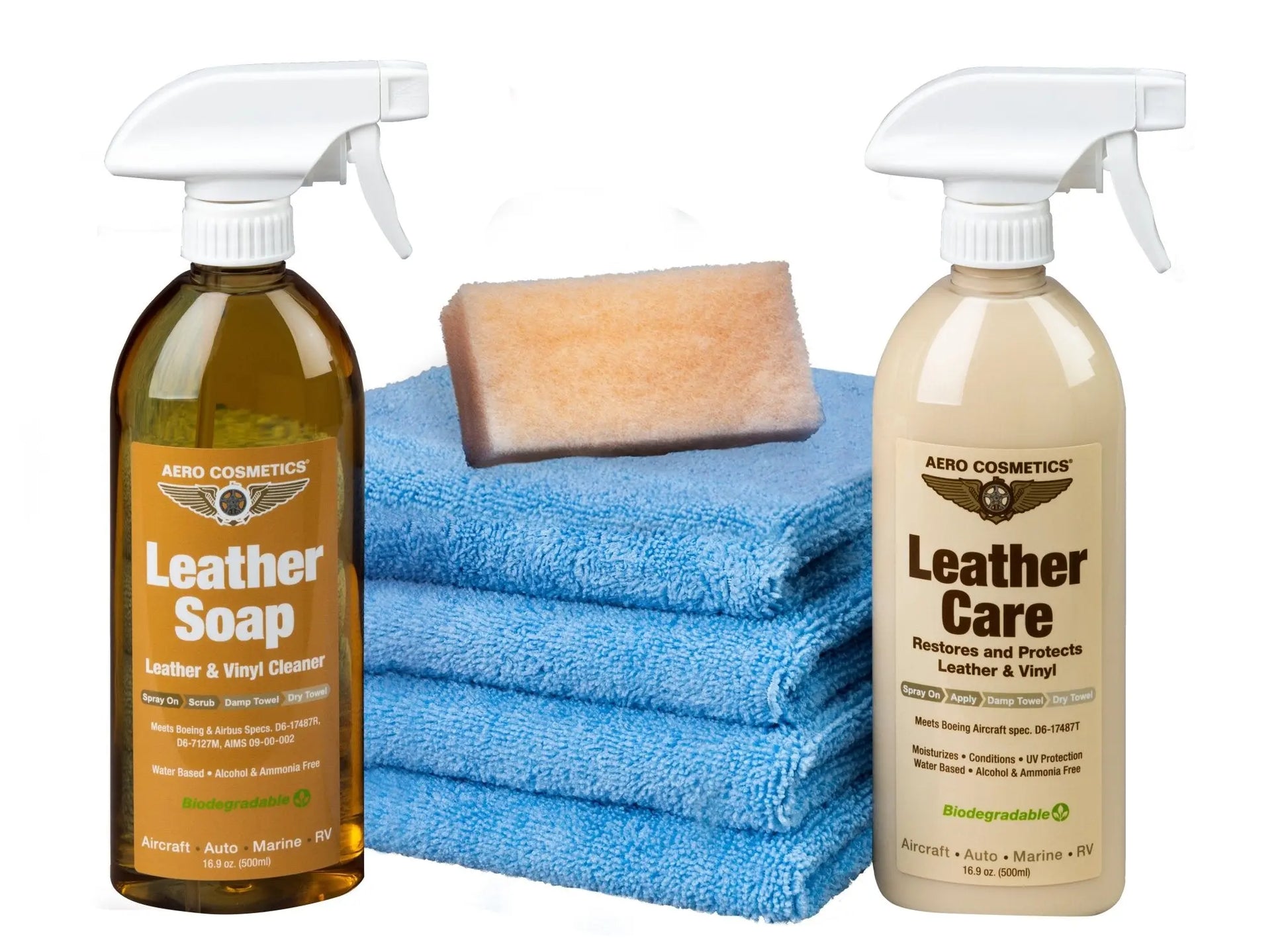Leather Vinyl Care Kit - Leather Soap, Leather Care, Aero Microfiber Towels, Aero Bug Scrubber Wash Wax ALL