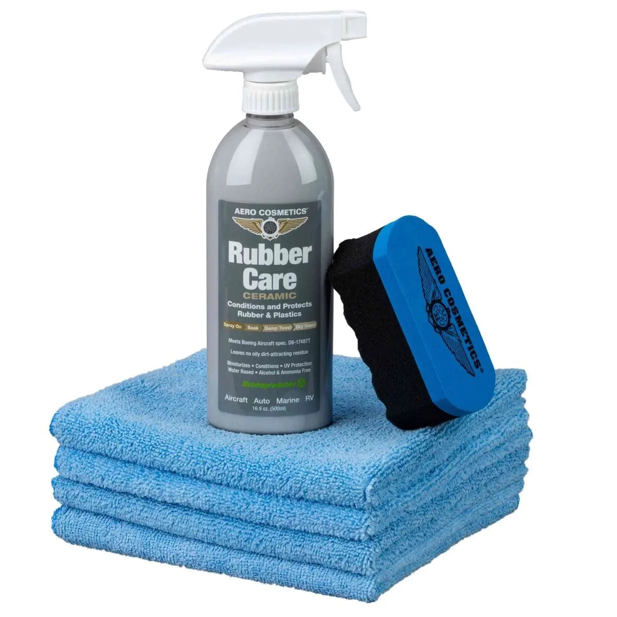 Rubber Care Kit - Rubber & Plastics Conditioner and Protectant w/ Rubber Care 16oz, Aero Microfiber Towels, and Applicator Wash Wax ALL