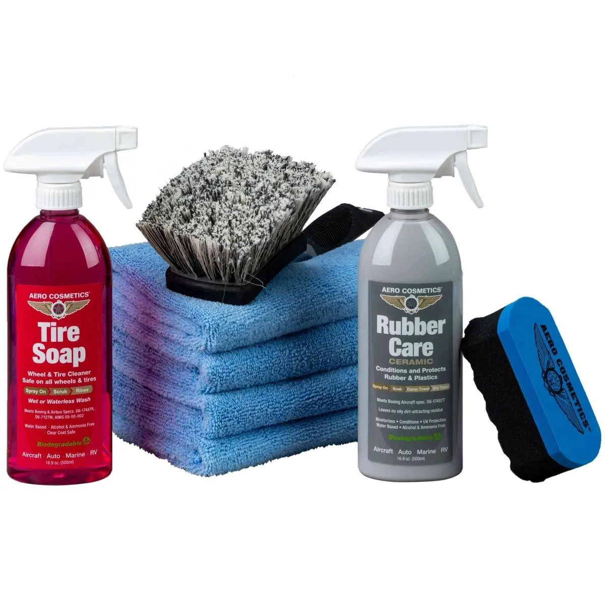 Tire Care Kit - Tire Soap 16oz, Rubber Care 16oz, Tire Brush, Aero Microfiber Towels, and Rubber Care Applicator. Wash Wax ALL