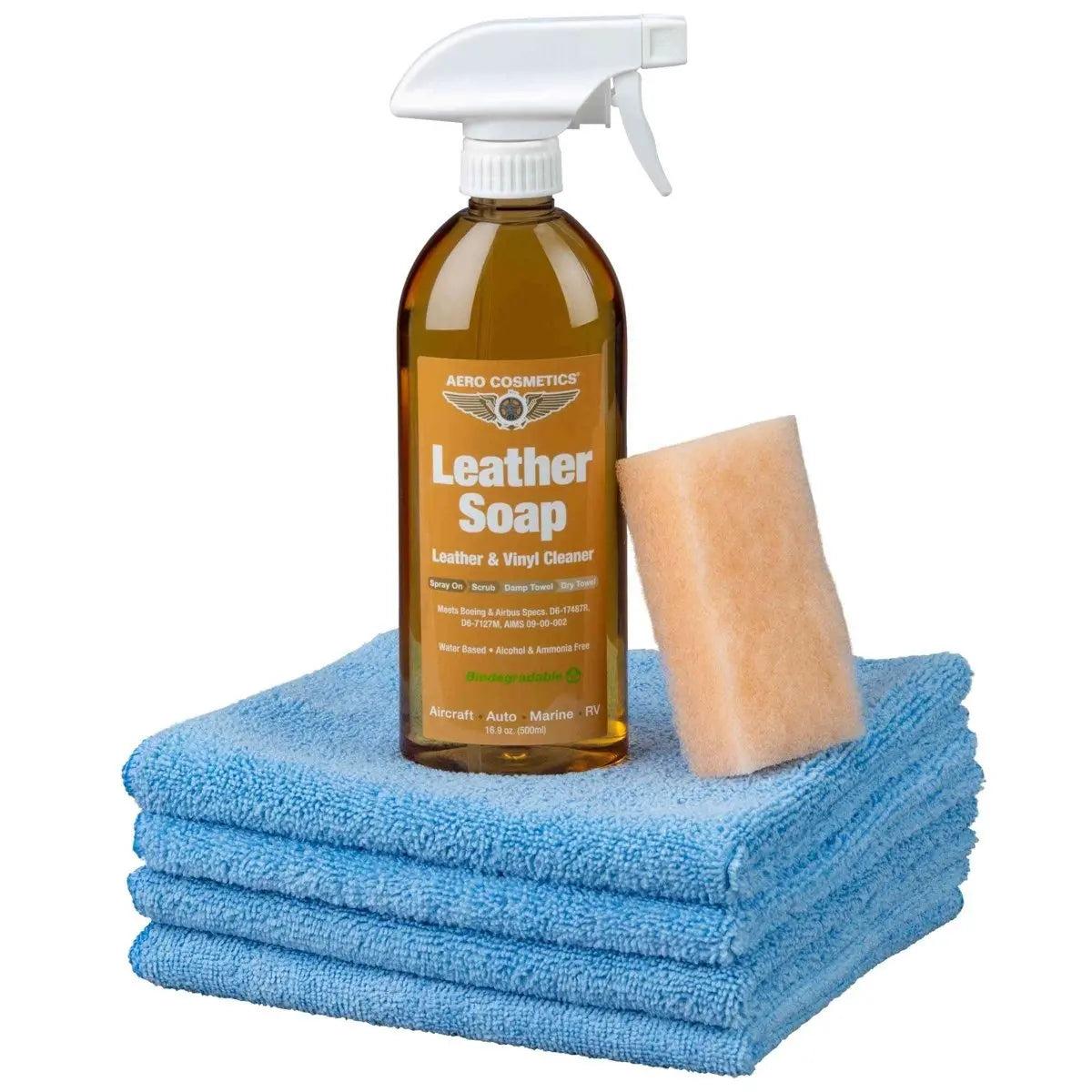 Leather Cleaning Kit - 16 Fl. oz Leather Soap, Aero Microfiber Towels, Aero Mini Bug Scrubber Wash Wax ALL